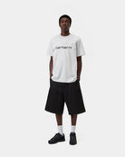 Carhartt WIP S/S Script T-Shirt in Ash Heather / Graphite, shown front view on a model with Script logo on the chest.