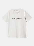 Carhartt WIP S/S Script T-Shirt in Ash Heather / Graphite, front view with Carhartt logo print on the chest.