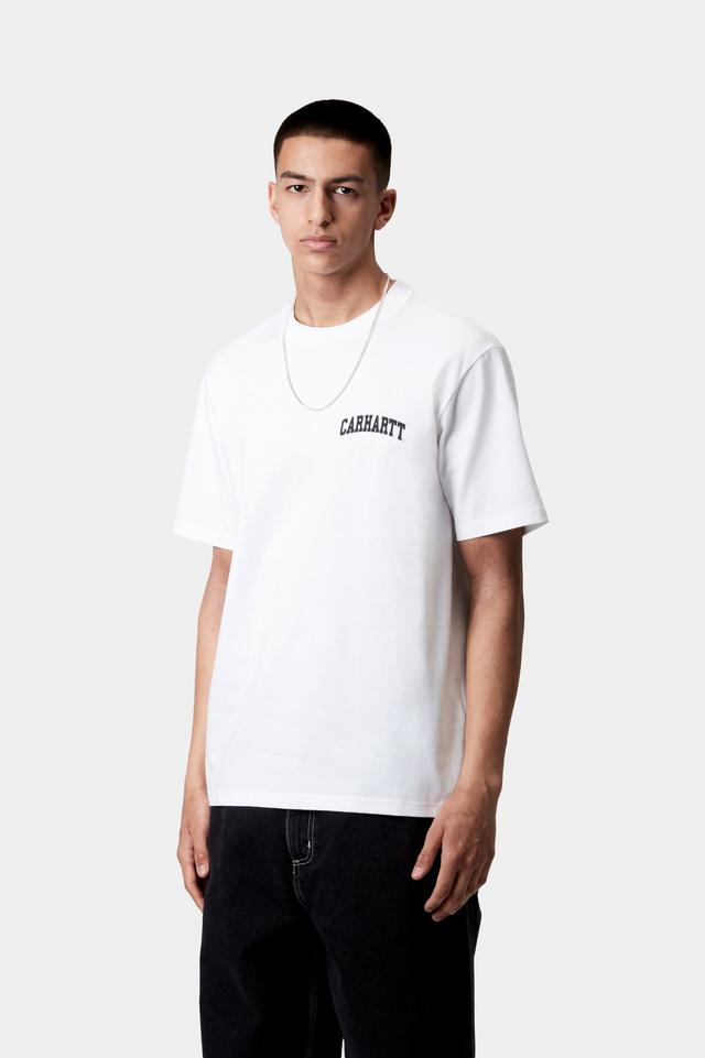 Person wearing a white t-shirt with a brand logo on a white background