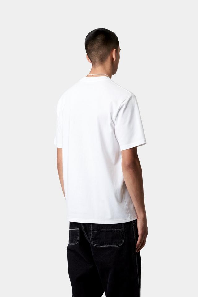 Person wearing a white t-shirt and black pants on a white background