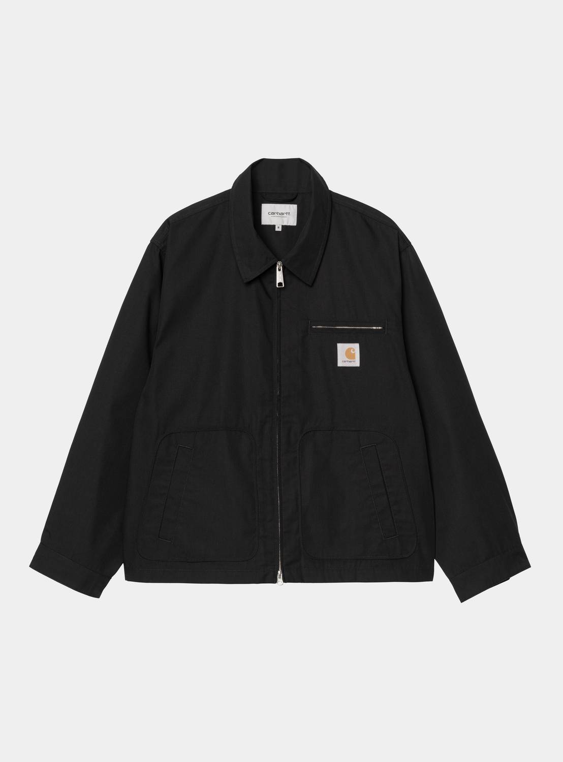 Carhartt WIP Postal Jacket in black, front view, with zip front, chest zip pocket, two front welt pockets, and Square Label.