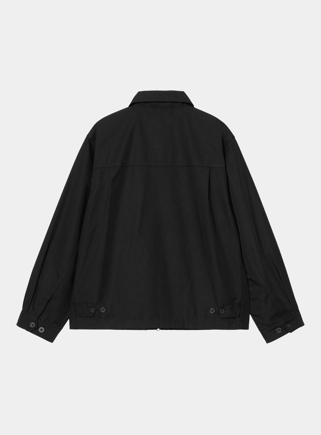 Carhartt WIP Postal Jacket in Black, back view, with buttoned cuffs and hem details.