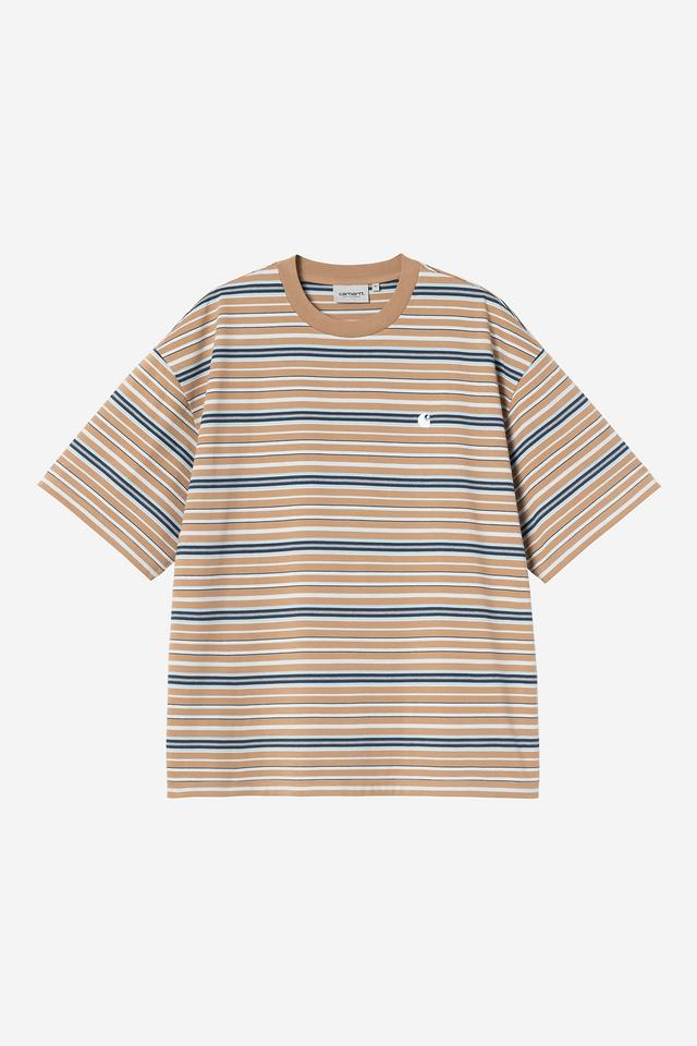 Striped t-shirt with a brand logo on a white background