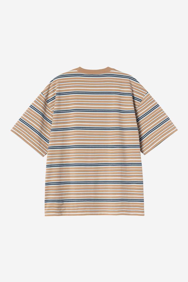 Beige and blue striped t-shirt on a white background
