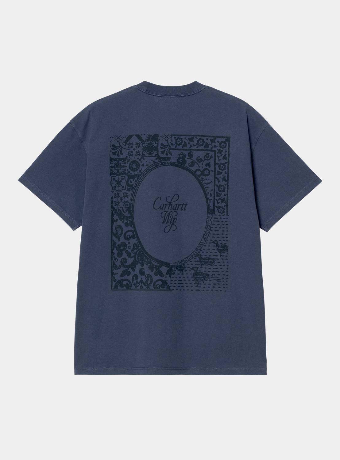 Carhartt WIP S/S Vestige T-Shirt in Blue, back view, with large graphic print on the back.