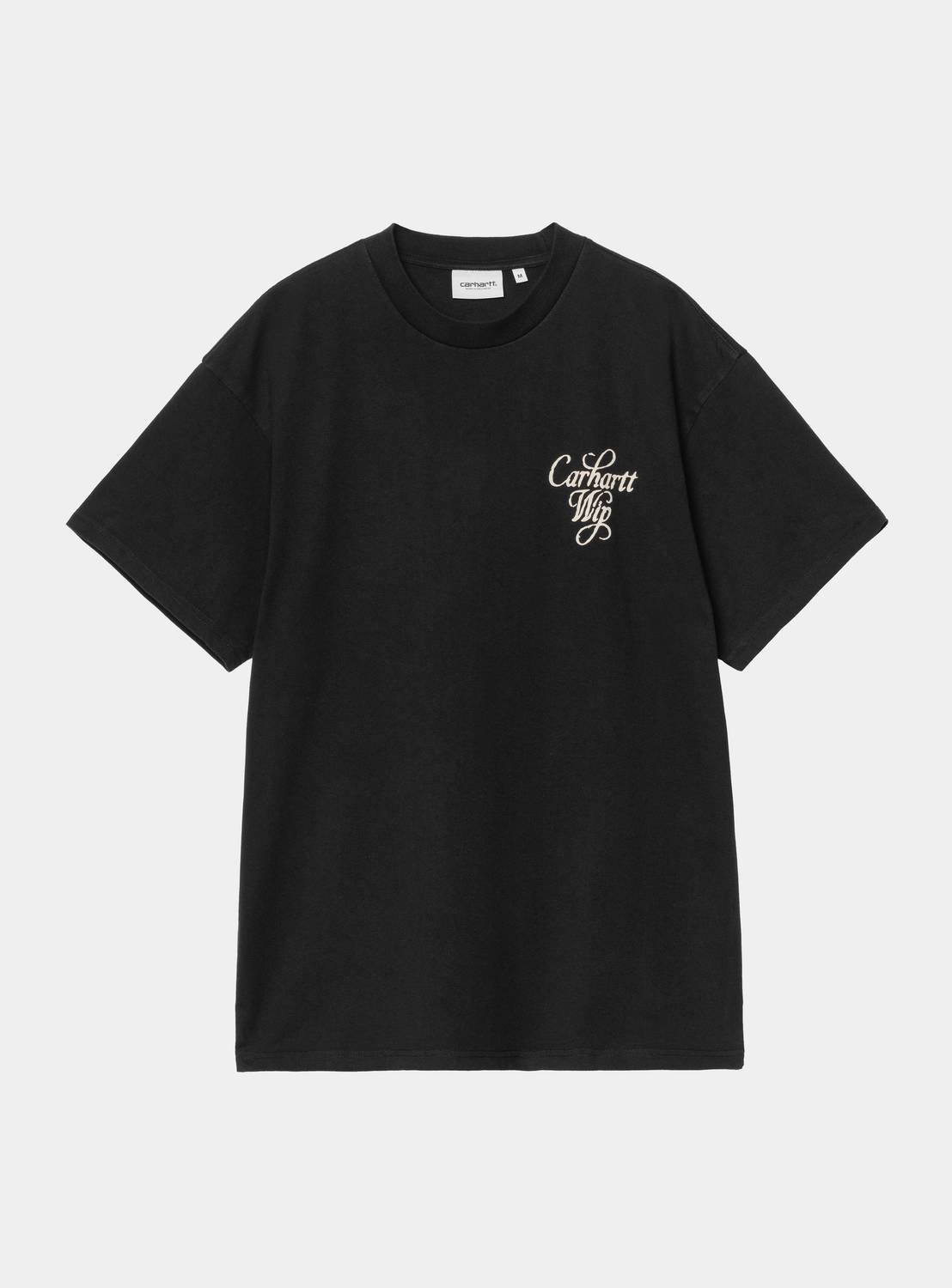 Carhartt WIP S/S Vestige T-Shirt in Black, front view, with white graphic print on the chest.