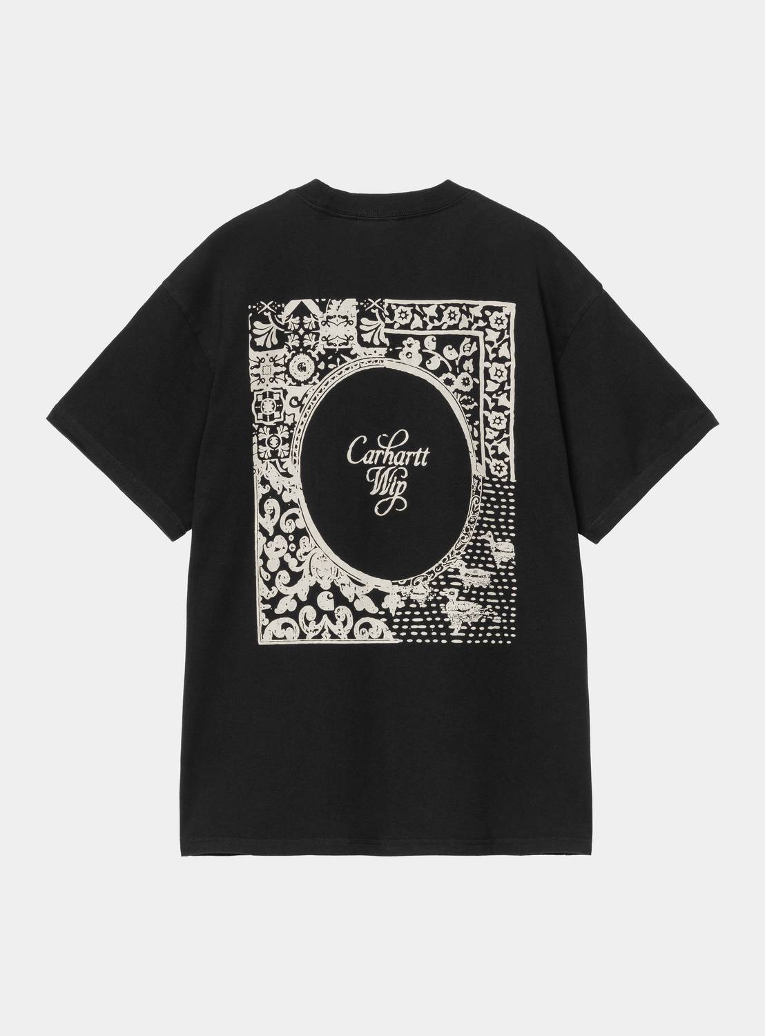 Carhartt WIP S/S Vestige T-Shirt in Black, back view, with large white graphic print on the back.