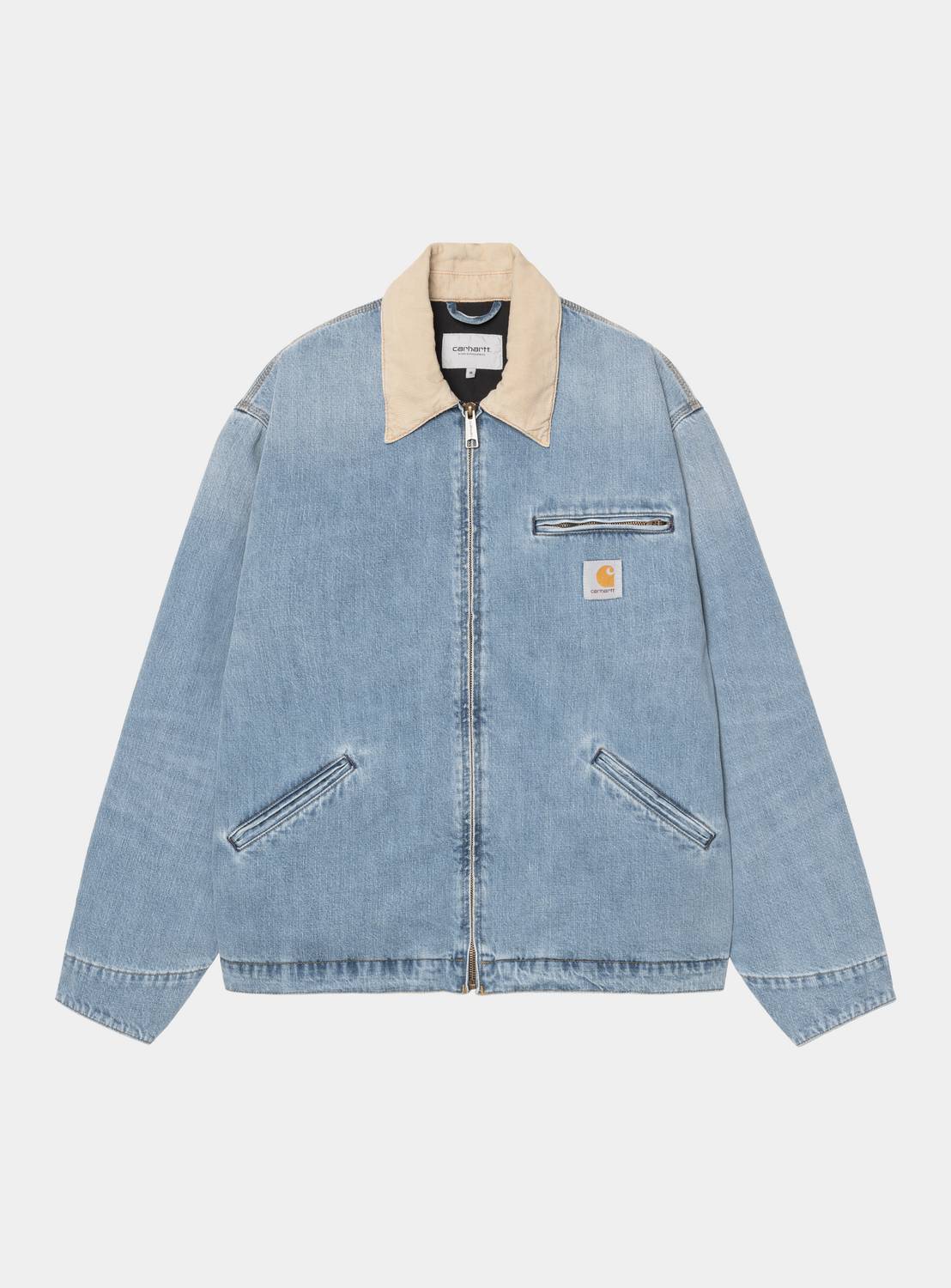 Carhartt WIP OG Detroit Jacket in Blue / Dusty H Brown, front view, with beige collar, zip front, chest zip pocket, welt pockets, and woven logo patch.