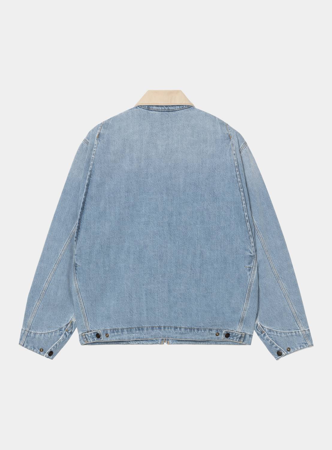 Carhartt WIP OG Detroit Jacket in Blue / Dusty H Brown, back view, showing light blue denim with a Dusty H Brown collar.