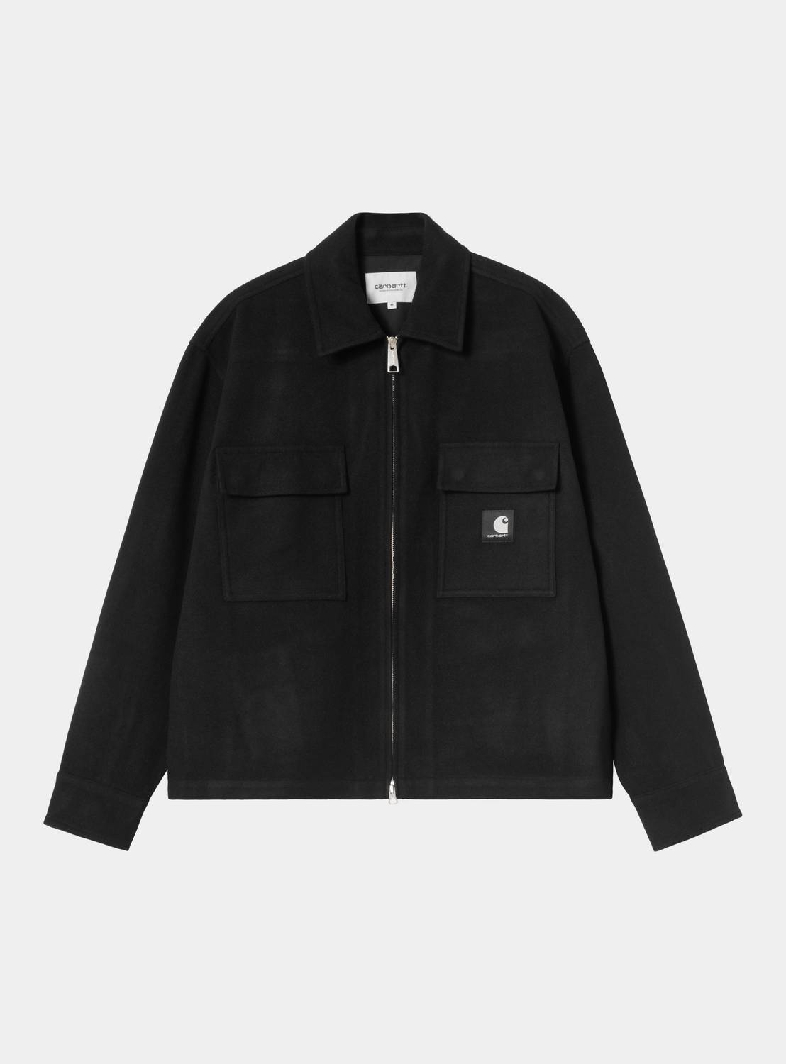 Carhartt WIP Atoka Shirt Jac in Black, front view with two-way zip closure and two chest flap pockets.