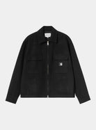 Carhartt WIP Atoka Shirt Jac in Black, front view with two-way zip closure and two chest flap pockets.