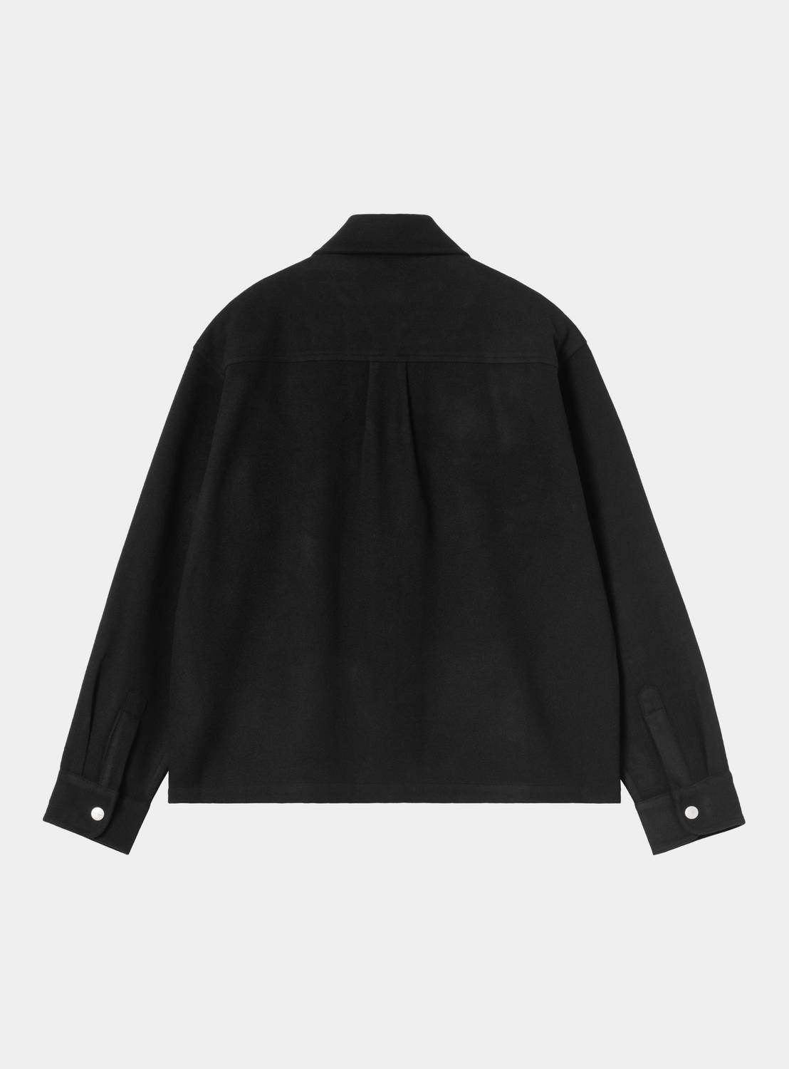 Back view of the Carhartt WIP Atoka Shirt Jac in Black, showing a collared neckline, a horizontal back yoke with a centre box pleat below, and long sleeves with buttoned cuffs.