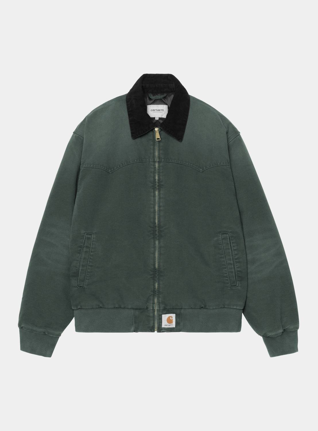 Carhartt WIP OG Santa Fe Jacket in Raven / Black, front view, with black collar, zip front, side pockets, and ribbed cuffs and hem.