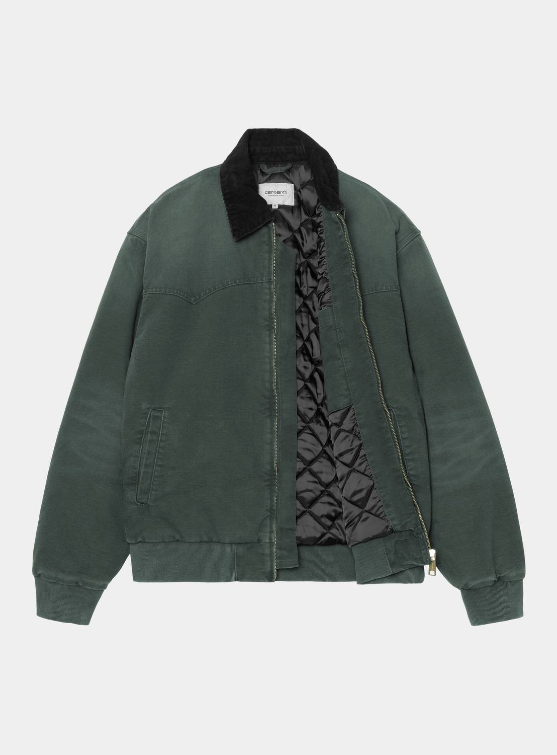 Carhartt WIP OG Santa Fe Jacket in Raven / Black, front view, shown open with quilted black lining, corduroy collar, and ribbed cuffs and hem.
