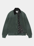 Carhartt WIP OG Santa Fe Jacket in Raven / Black, front view, shown open with quilted black lining, corduroy collar, and ribbed cuffs and hem.