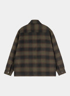 Back view of the Carhartt WIP Alton Jacket in Alton Check, Cypress, showing the allover check pattern, pointed collar, back yoke seam, and buttoned cuffs.