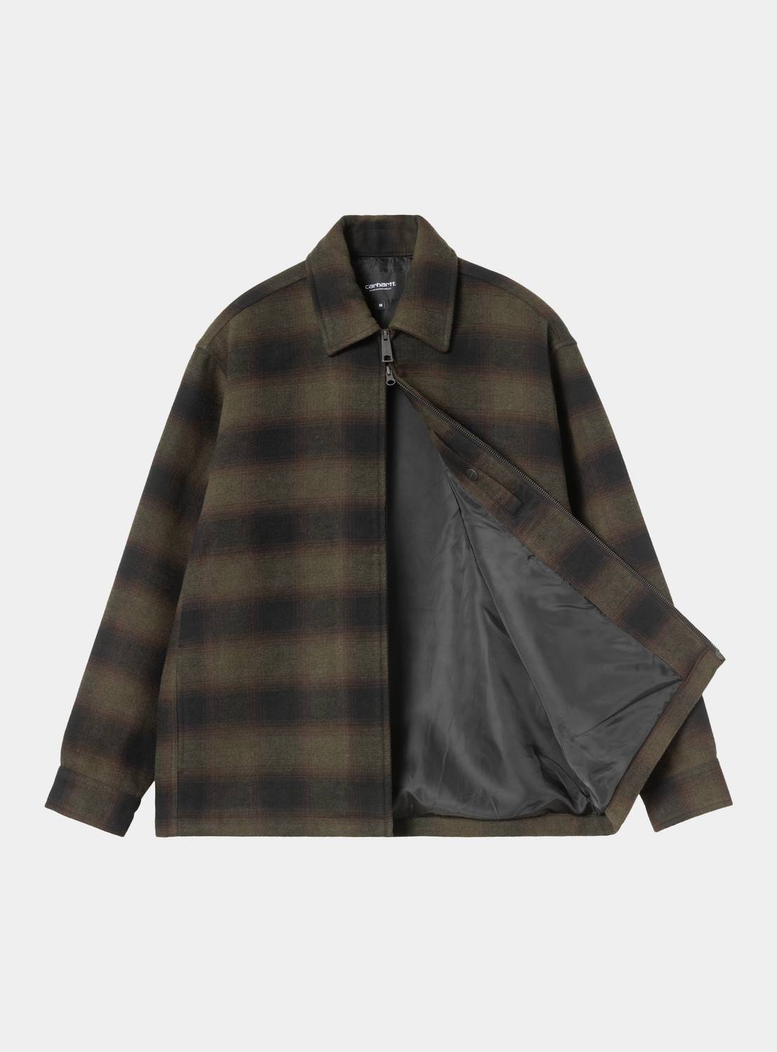 Carhartt WIP Alton Jacket in Alton Check, Cypress, front view with the zip partially open to show the grey taffeta lining, side welt pocket, and woven flag label at the inner collar.