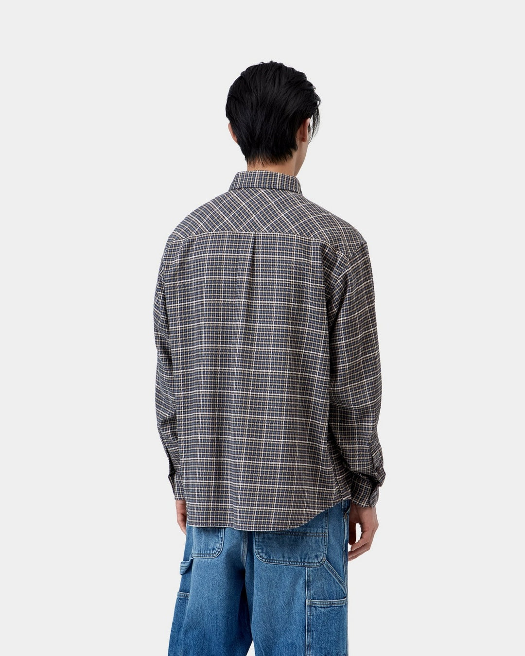 Carhartt WIP L/S Todrick Shirt in Todrick Houndstooth, Icesheet, shown from the back with a houndstooth check pattern and long sleeves, shown on model.