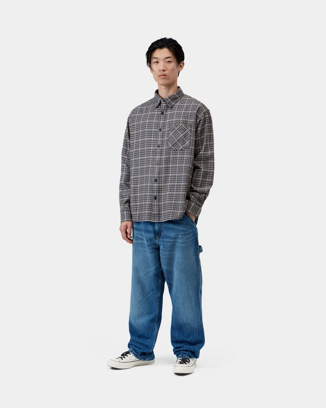 Carhartt WIP L/S Todrick Shirt in Todrick Houndstooth, Icesheet, shown on model with front view and chest pocket.