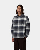 Carhartt WIP L/S Esterson Shirt in Esterson Check, Dark Navy, shown front view with button front, two chest pockets, and woven label, shown on model.