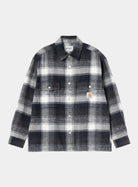 Carhartt WIP L/S Esterson Shirt in Esterson Check, Dark Navy, shown front view with allover check pattern, button front, chest pockets, and Square Label patch.