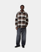 Carhartt WIP L/S Esterson Shirt in Esterson Check, Tobacco, shown front view with button front, chest pockets, and Square Label, shown on model.