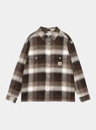 Carhartt WIP L/S Esterson Shirt in Esterson Check, Tobacco, front view with button closure, chest pockets and woven Square Label.