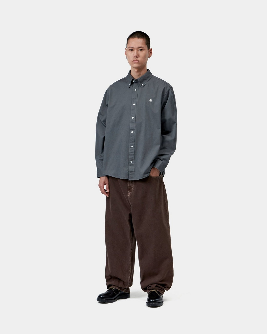 Carhartt WIP L/S OG Madison Shirt in Styx, shown on model with button-down collar, button front and chest logo.