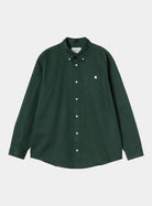 Carhartt WIP L/S OG Madison Shirt in Dark Scarab, front view with button-down collar, long sleeves and embroidered chest logo.
