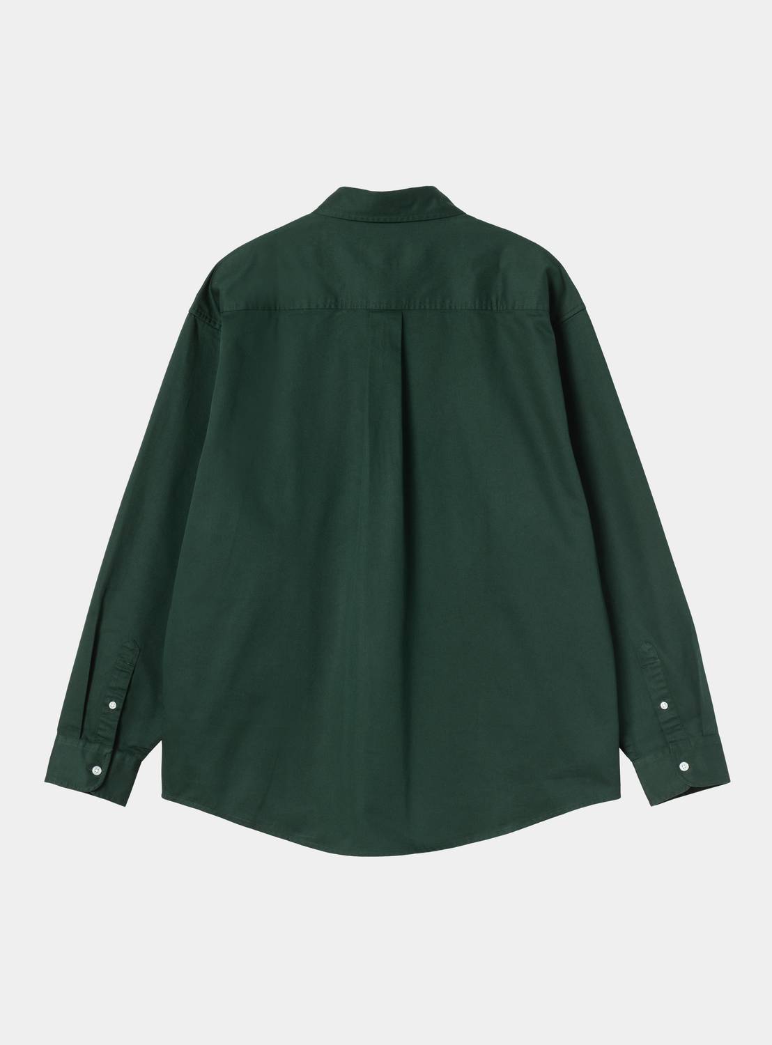 Carhartt WIP L/S OG Madison Shirt in Dark Scarab, back view, long sleeves with buttoned cuffs.