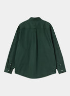 Carhartt WIP L/S OG Madison Shirt in Dark Scarab, back view, long sleeves with buttoned cuffs.