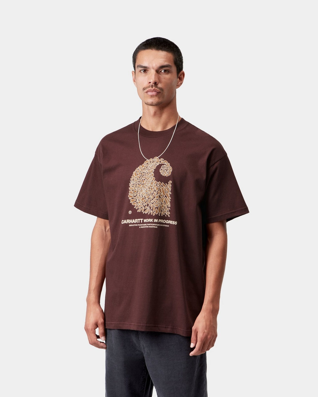 Carhartt WIP S/S Entrance T-Shirt in Amarone, front view, with graphic print on the chest, shown on model.