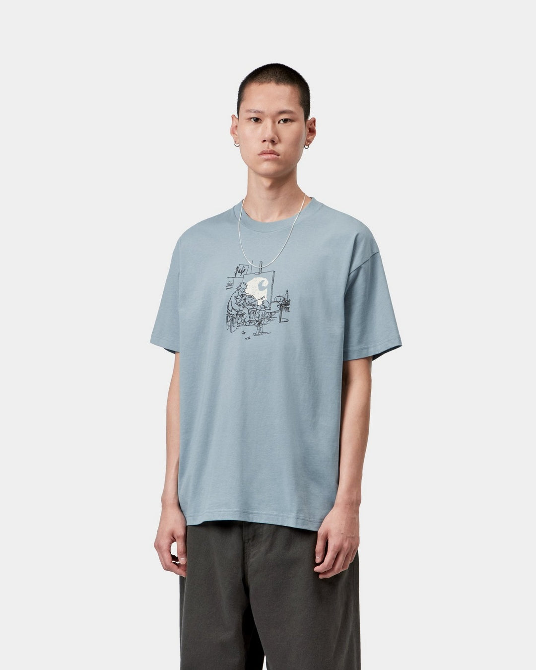 Carhartt WIP S/S Old Painter T-Shirt in Citadel, front view with graphic print on the chest, shown on model.