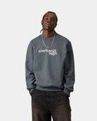 Carhartt WIP Wireless Sweat in Styx / Wax, shown on model with front graphic embroidery.