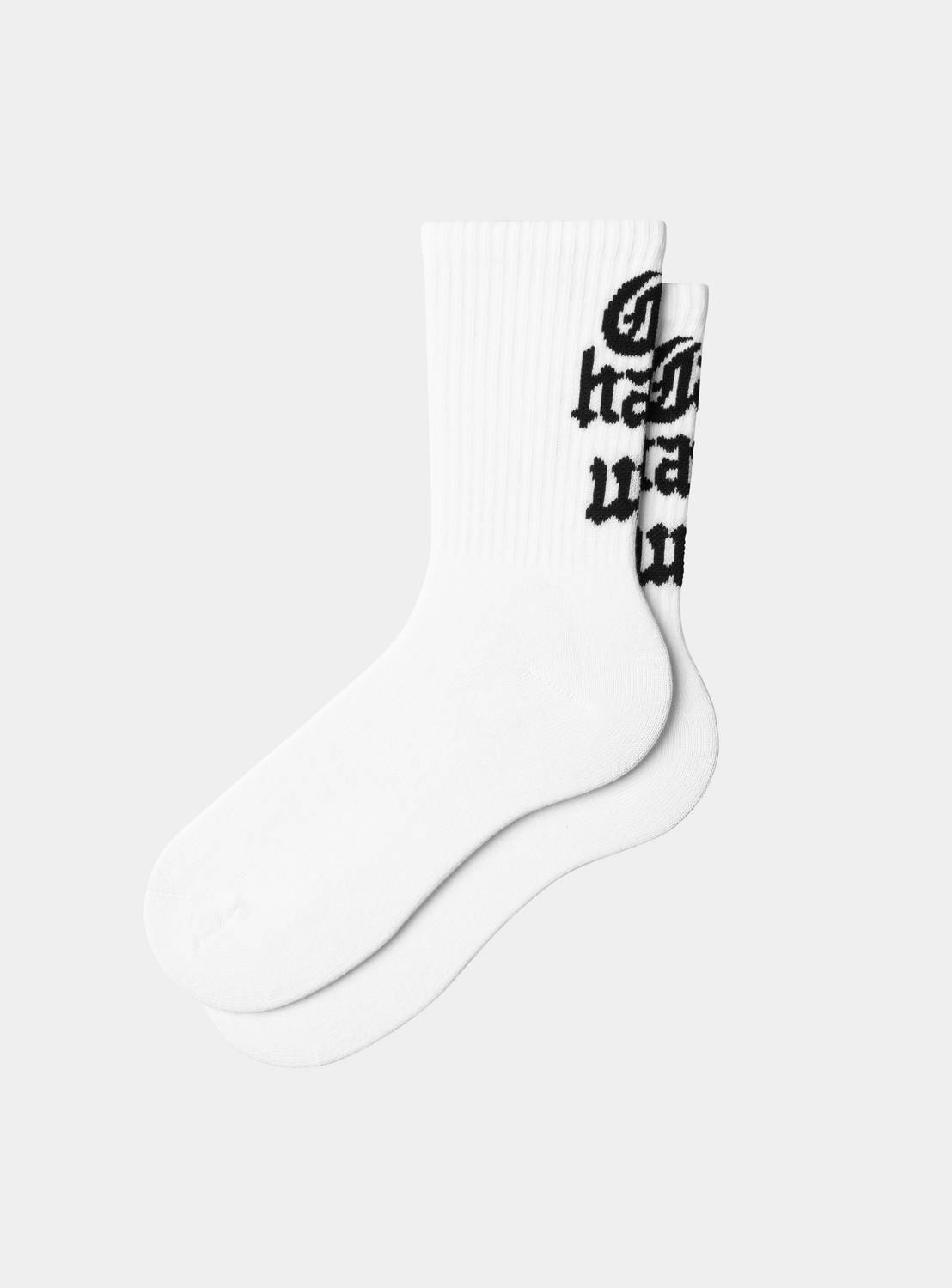 Carhartt WIP Women's Blackletter Socks in White, shown as a pair with black jacquard logo detailing.