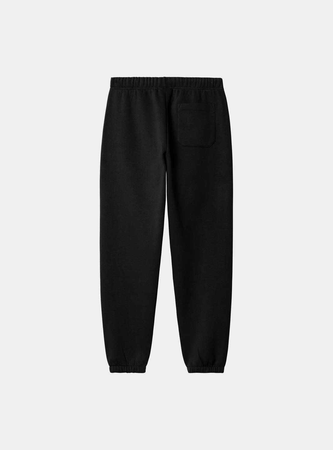 Carhartt WIP Chase Sweat Pant in Black / Gold, back view, with elasticated waistband, back pocket, and cuffed hems.