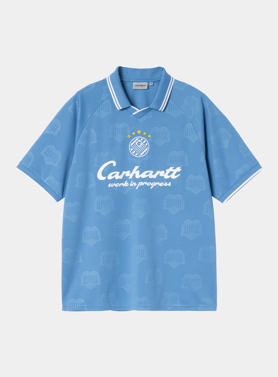 Carhartt WIP S/S Terrace Football T-Shirt in Curacao with Heart Train Jacquard pattern, front view showing collar, contrast trim, and chest graphic print