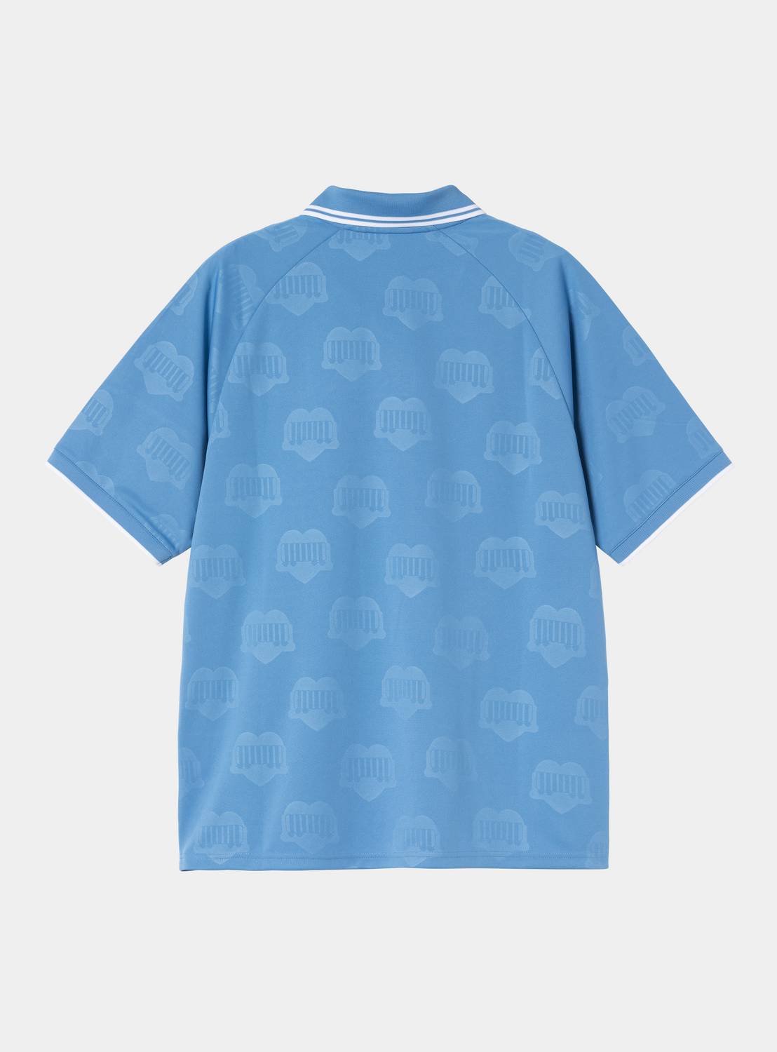 Carhartt WIP S/S Terrace Football T-Shirt in Curacao, back view with allover Heart Train Jacquard pattern and striped collar trim.