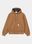 Carhartt WIP OG Active Jacket in WIP H Brown, front view with hood, zip closure, kangaroo pocket, and square logo patch.