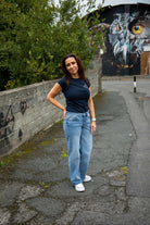 ONLY Juicy Low Waist Wide Leg Denim Jeans Light Blue Denim model front view