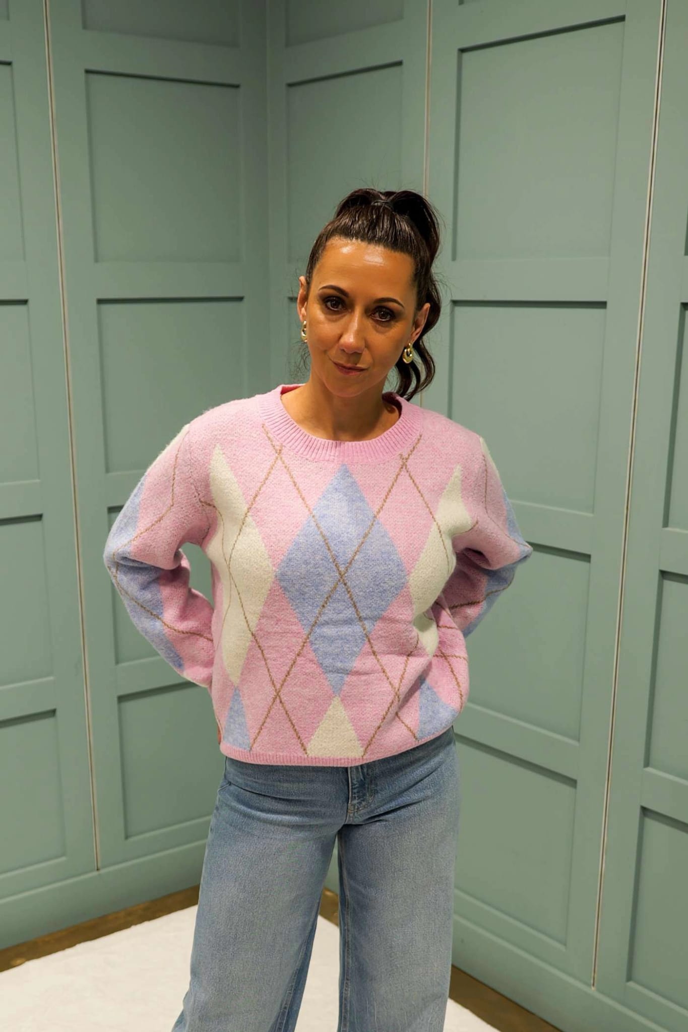 Ladies Jacquard Pink Knit Sweater With Argyle Pattern-Model Front View