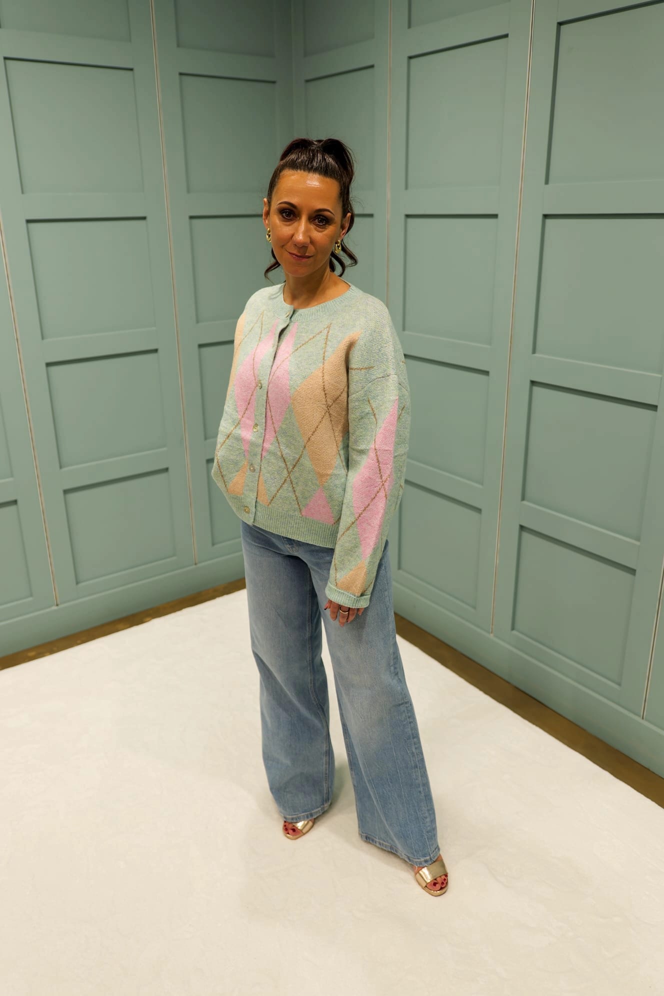 Ladies Argyle Pattern Green Cardigan- Full Model Front View