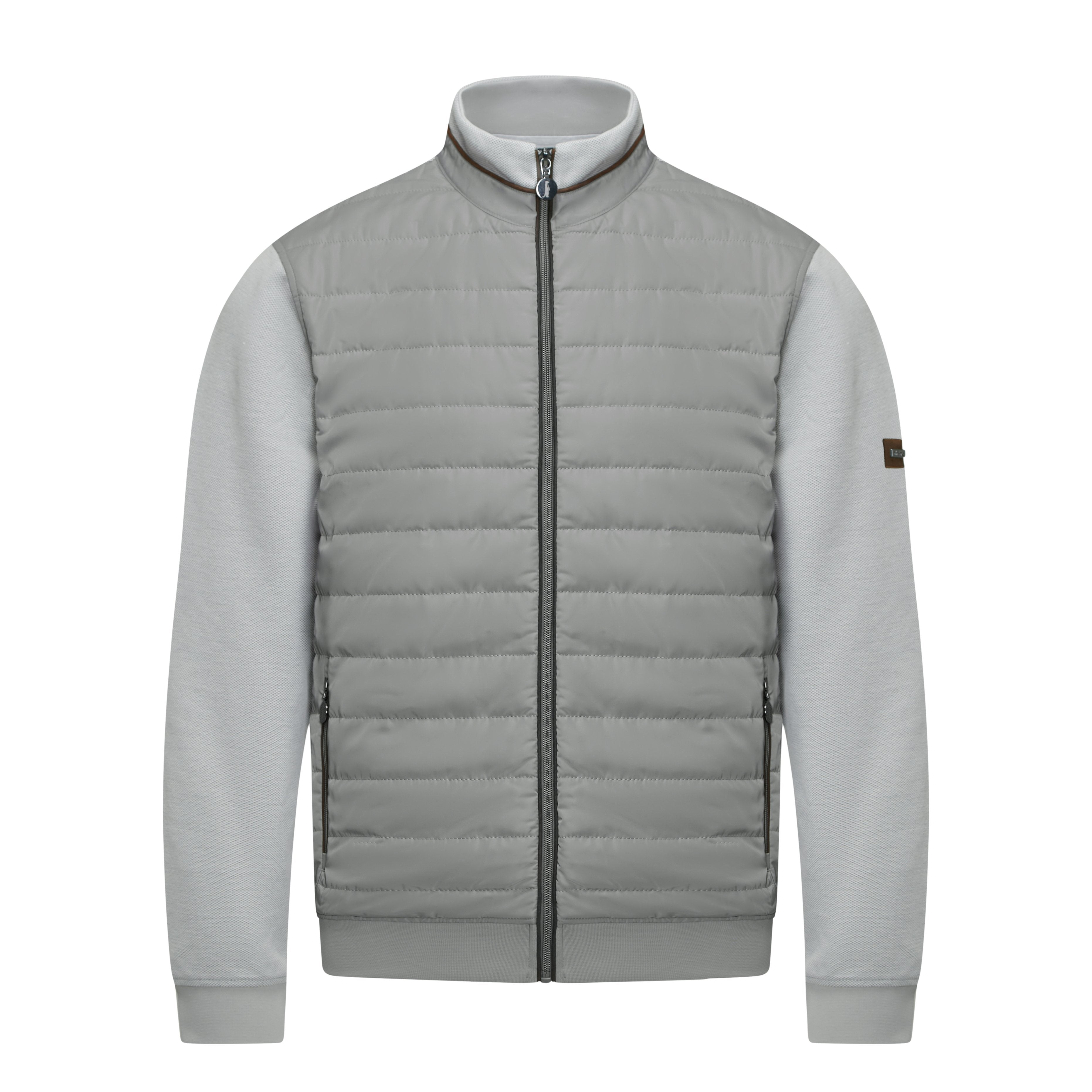 Gray puffer jacket with white sleeves on a white background