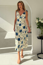 Ladies Beverly Floral Tie Shoulder White Midi Dress-Model Front View