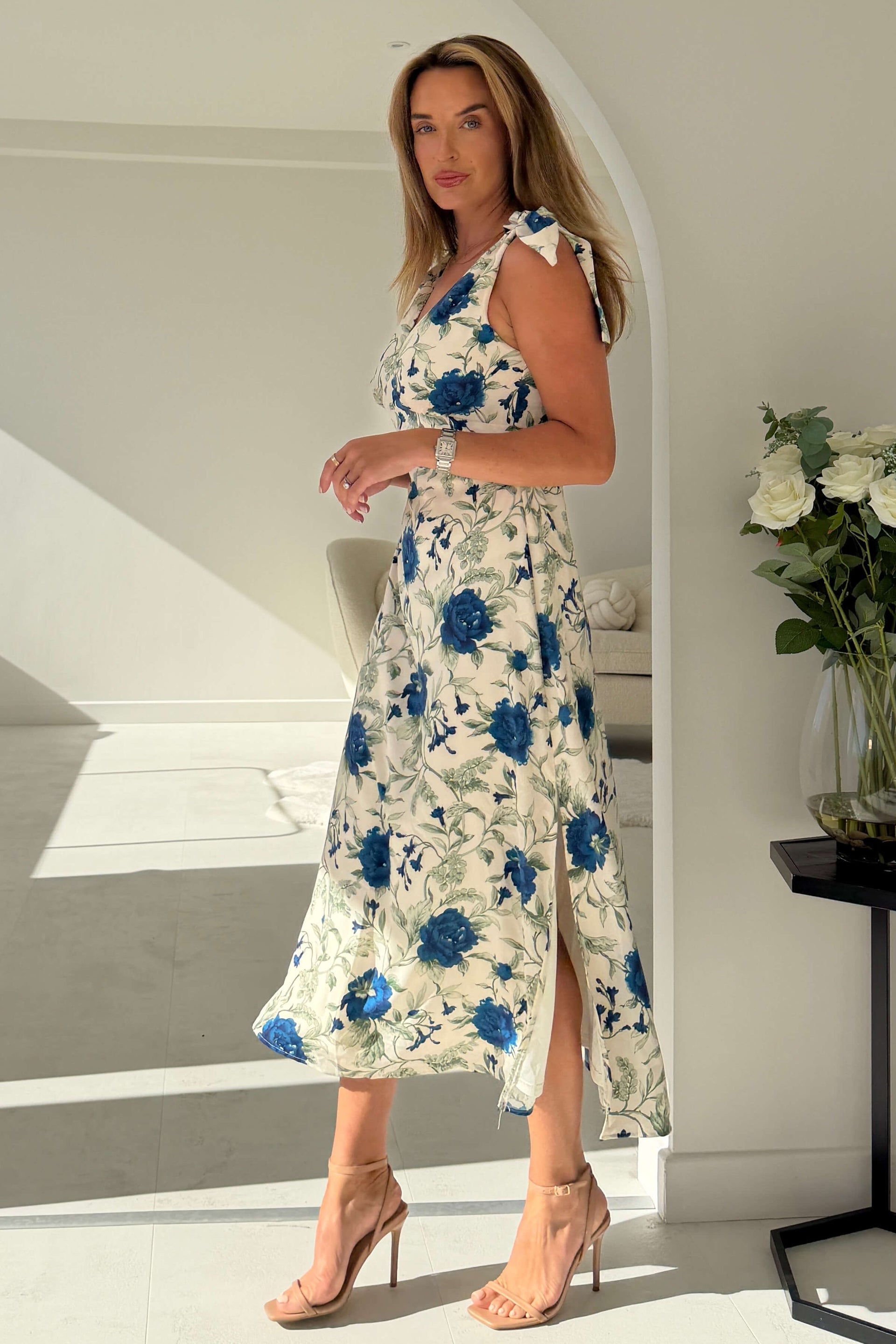 Ladies Beverly Floral Tie Shoulder White Midi Dress-Side View