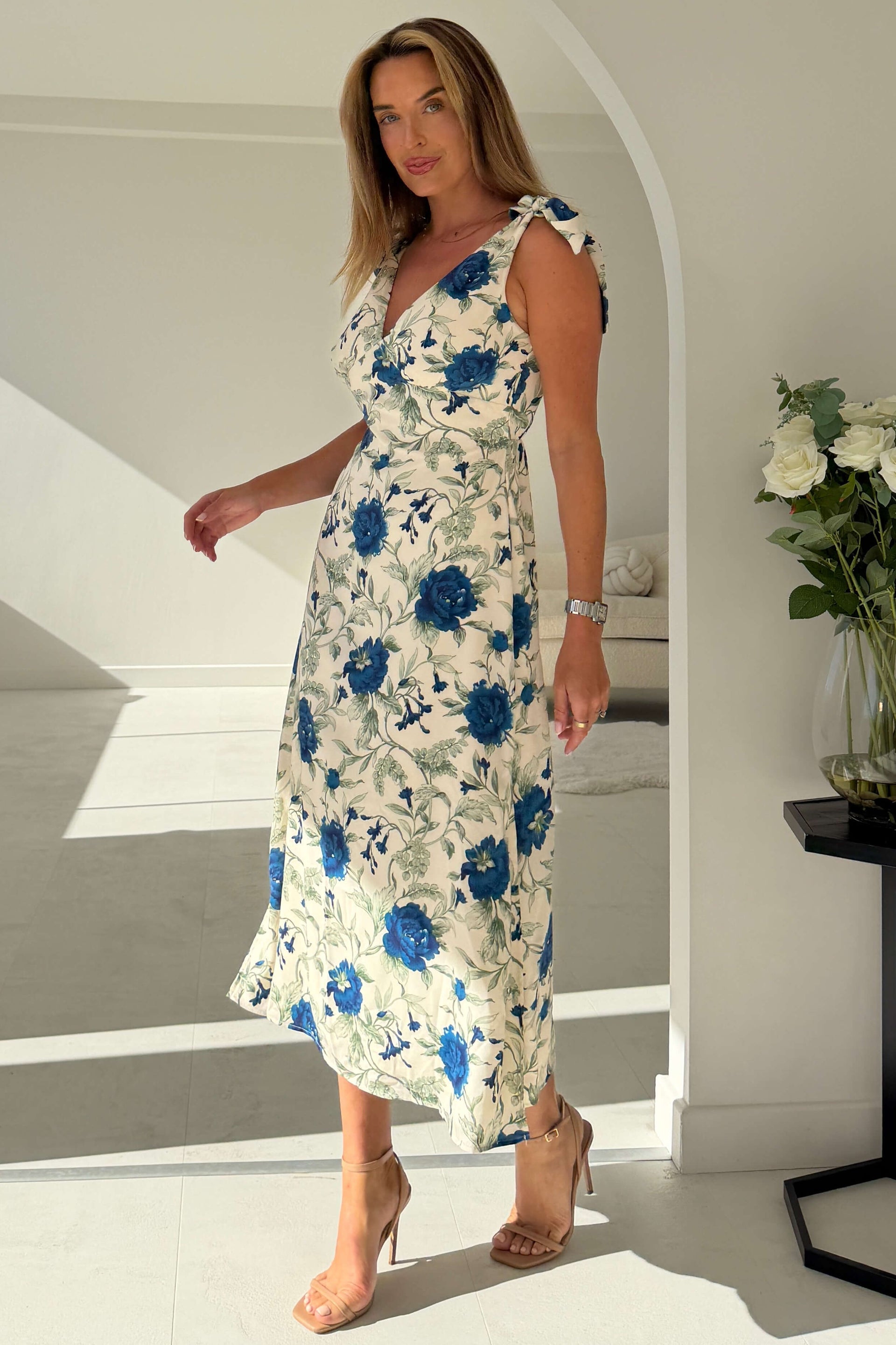 Ladies Beverly Floral Tie Shoulder White Midi Dress-Front/Side View