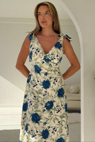Ladies Beverly Floral Tie Shoulder White Midi Dress-Close Up View