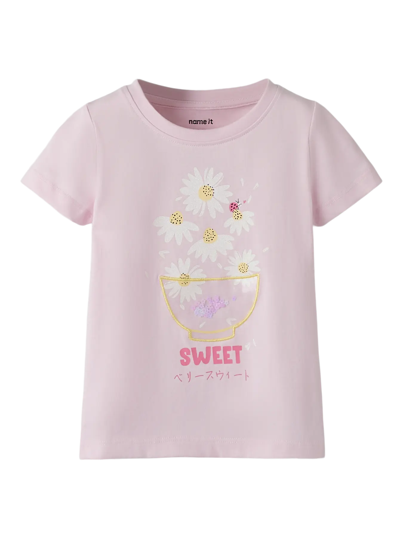 Joline pink t-shirt with floral design and 'Sweet' text on a white background