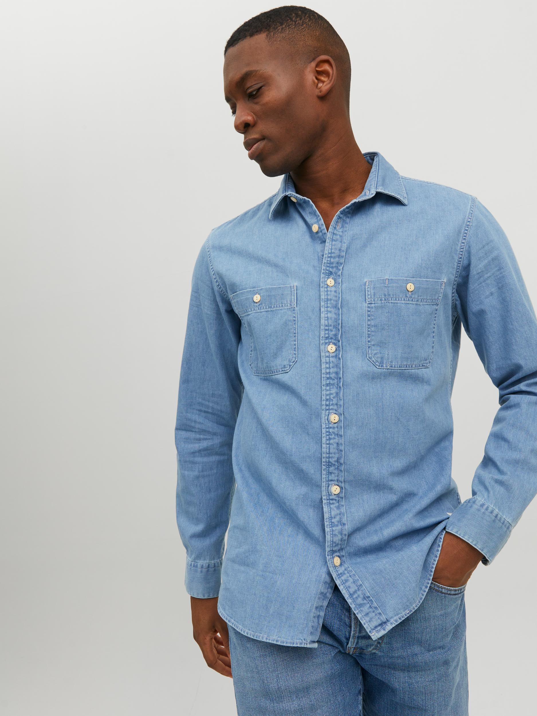 Men's Jaxon Light Blue Denim Long Sleeve Shirt-Front View