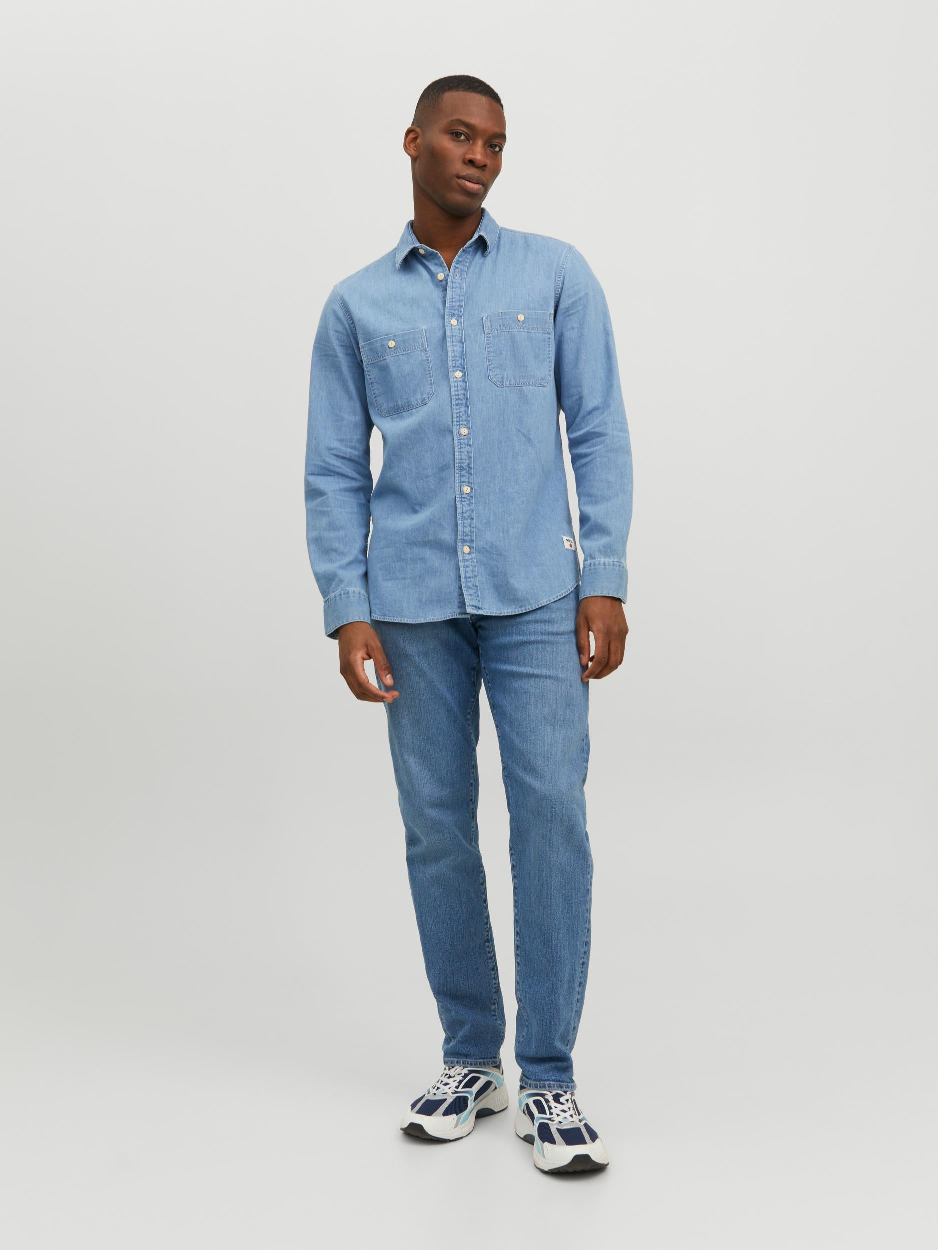Men's Jaxon Light Blue Denim Long Sleeve Shirt-Model Full Front View